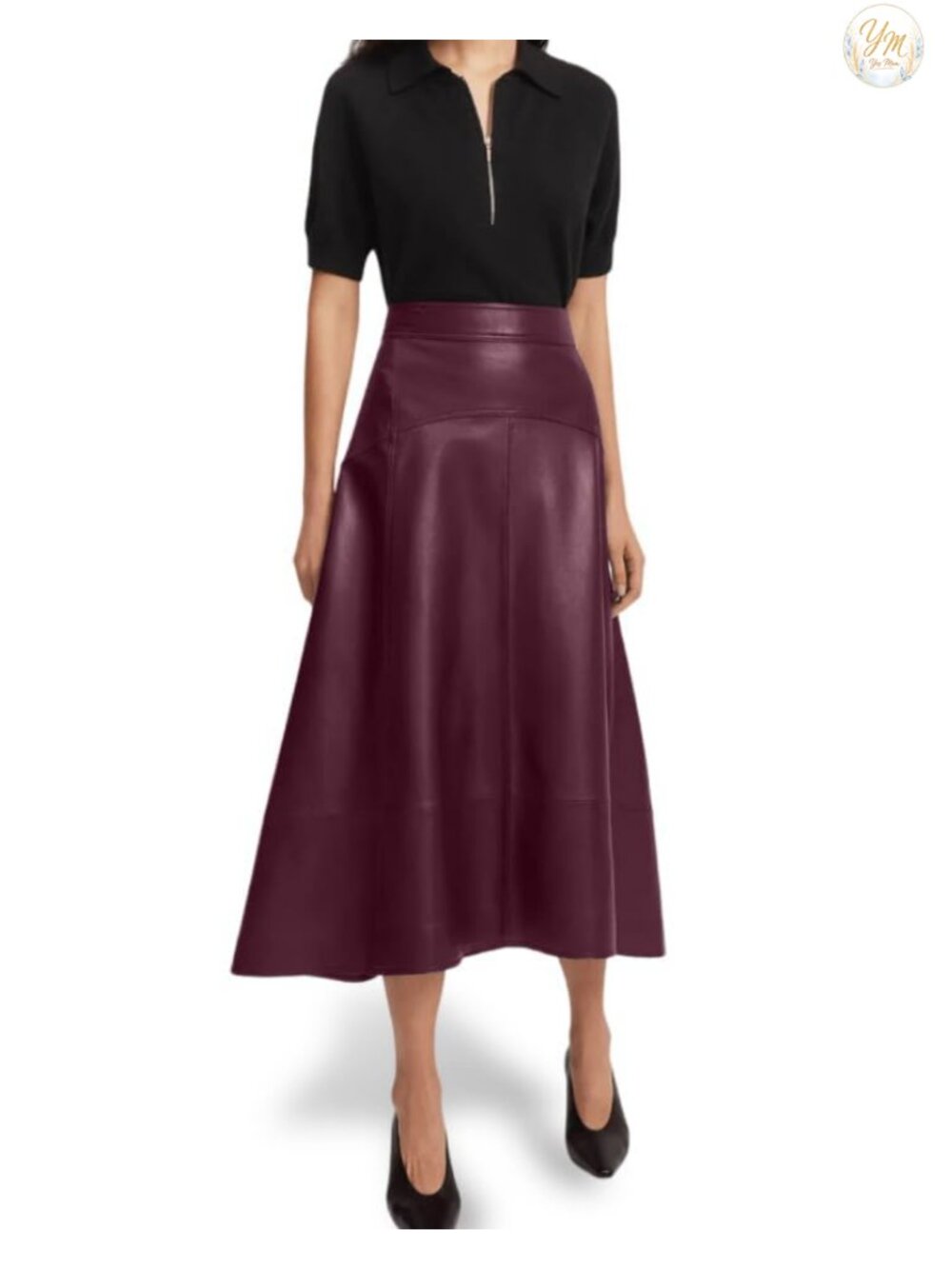 A-Line Leather Midi Skirt High Waist Flared Hemline